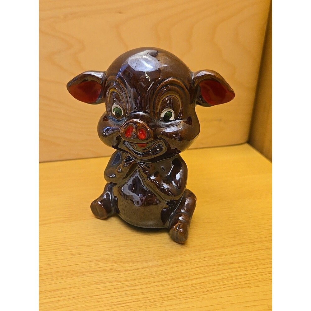 Mid 20th Century Glazed Redware Ceramic Kitsch Piggy Bank Japan 4.75" x 4.5"